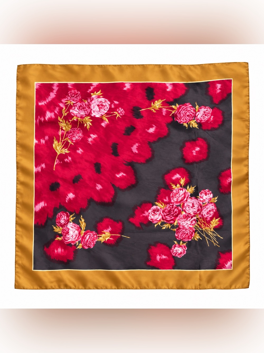 Floral Satin Square Scarf - Pink & Gold Trim